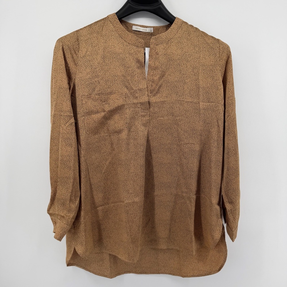 Bishop + Young Blouse Women's Large Tan Micro Dot Split Neck Animal Print Top
